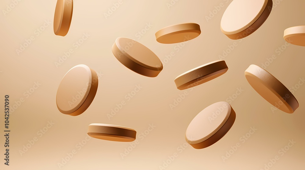 Poster the image contains light brown, round objects floating in the air against a beige background. they a