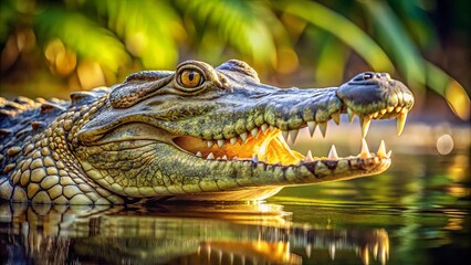 Obraz premium A reptile's powerful jaw emerges from the tranquil water, a stark reminder of nature's raw power and the delicate balance of life and death in the wild.