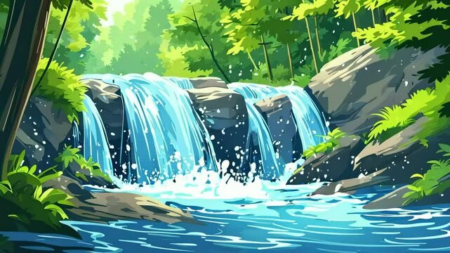 Cartoon Slow-motion motion of a rushing waterfall in the forest