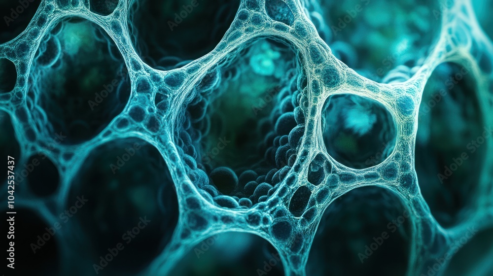 Poster abstract 3d rendering of a blue and white cellular structure.