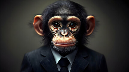 A chimpanzee dressed in a suit, blending humor and professionalism.