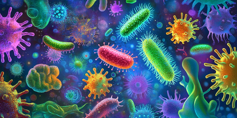 Naklejka premium Microscopic View of Bacteria Culture in the Gut with Colorful Pathogens and Healthy Microorganisms
