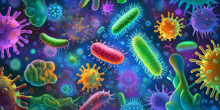 Microscopic View of Bacteria Culture in the Gut with Colorful Pathogens and Healthy Microorganisms