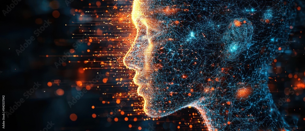 Poster abstract digital portrait formed by glowing lines and particles