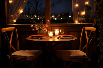 Romantic dinner set up. Valentine's Day dinner. Dinner for a couple. Twinkling lights.