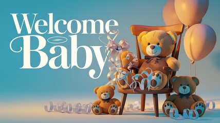 Welcome Baby Announcement with Teddy Bears and Balloons