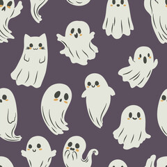 Urocze duszki na fioletowym tle. Bezszwowy wektorowy wzór na Halloween. © Monika