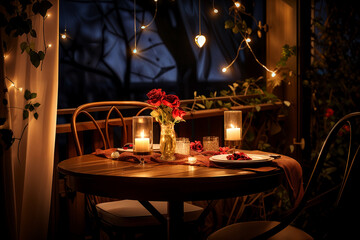 Romantic dinner set up. Valentine's Day dinner. Dinner for a couple. Twinkling lights.