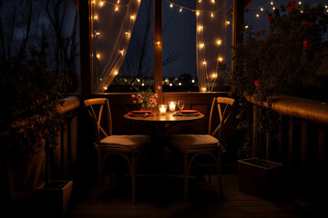 Romantic dinner set up. Valentine's Day dinner. Dinner for a couple. Twinkling lights.