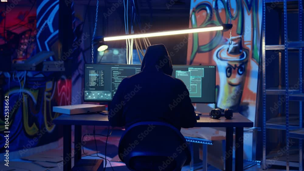Poster rogue hacker using computer in abandoned basement with graffiti drawings on walls. malicious crimina