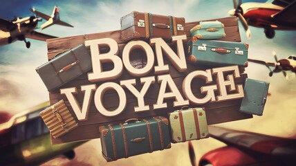 Vintage Suitcases and Wooden "Bon Voyage" Sign with Flying Planes