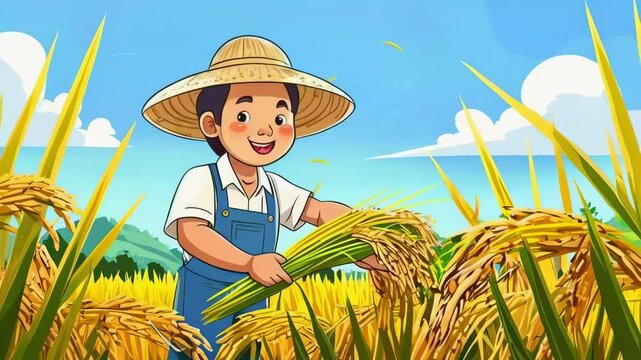 Cartoon A farmer harvesting rice in a rice field