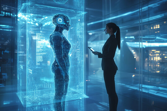 Woman Staring at AI Robot in a Futuristic Setting Depicting Human vs Technology Confrontation