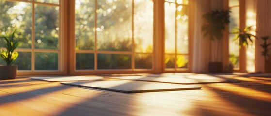 Fototapeta premium A serene yoga space with sunlight streaming through large windows and plants.
