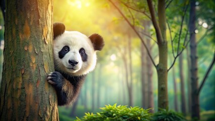A Curious Panda Peeking From Behind a Tree Trunk, Basking in the Warm Glow of the Morning Sun, Its Innocent Gaze Captivating the Heart