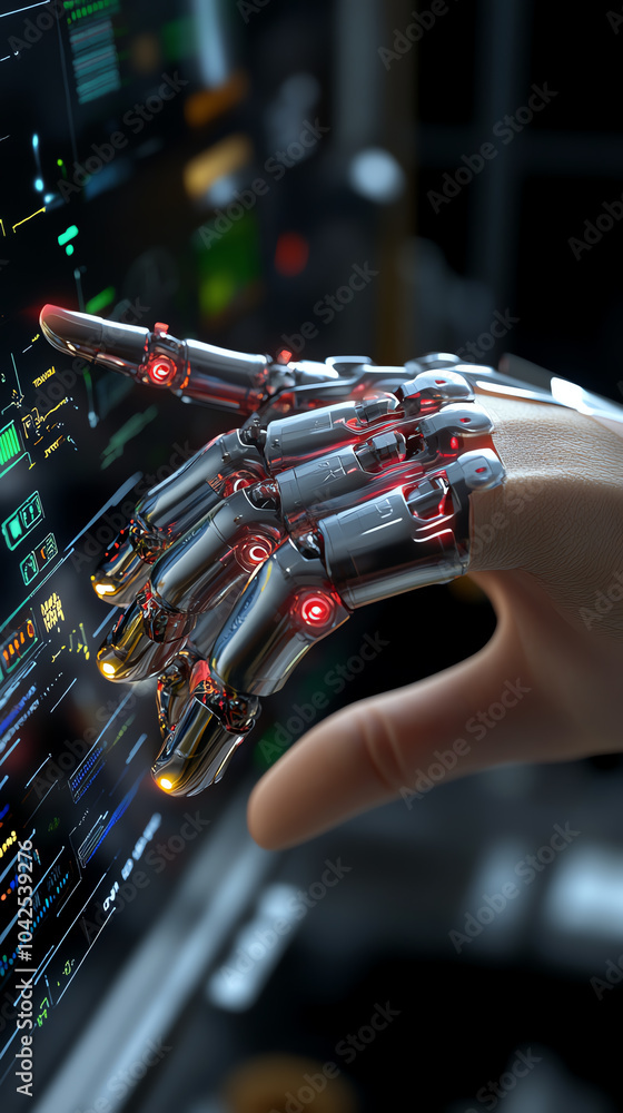 Poster futuristic robotic hand interacting with advanced technology interfaces in a digital environment
