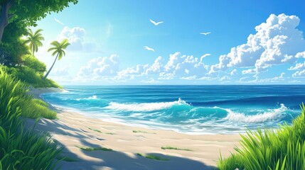 Fototapeta premium Lush Tropical Beach with Palm Trees and Tranquil Ocean