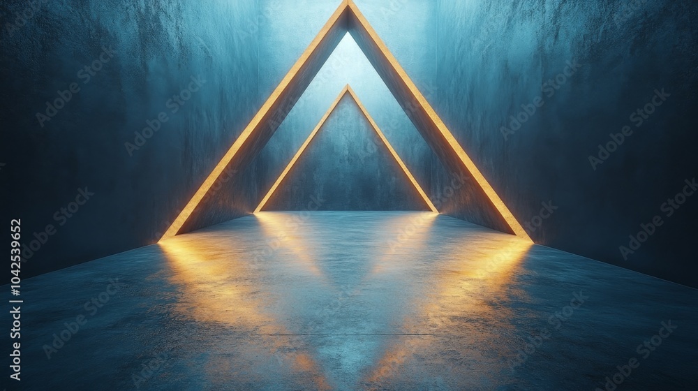 Poster Three illuminated triangular shapes cast warm light on a sleek, reflective surface in a dimly lit environment, enhancing the modern aesthetic.