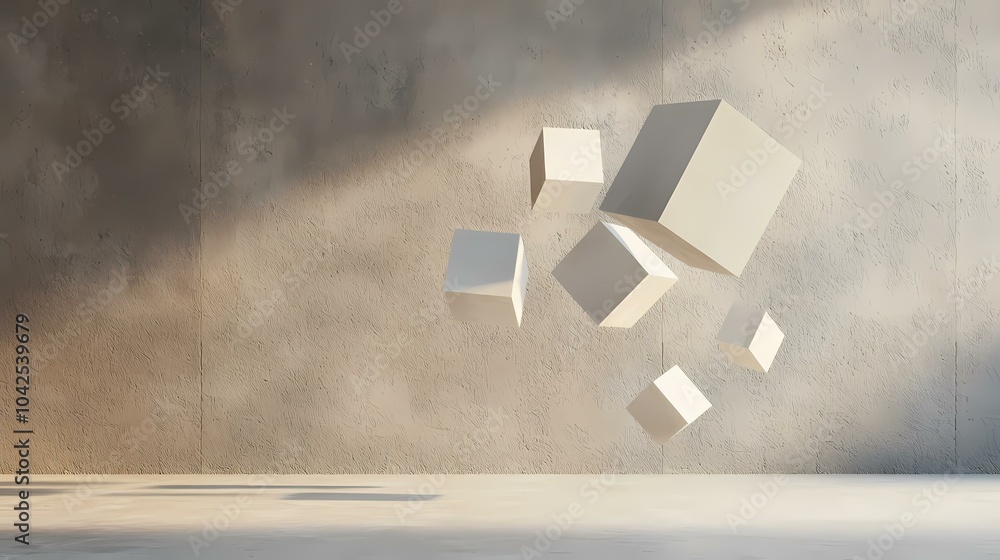 Poster the image shows six white cubes hovering in front of a textured wall.