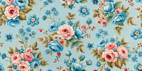 A delicate tapestry of blue and pink blooms, interwoven with verdant leaves on a soft blue canvas.
