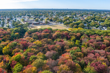 Aerial view of Massapequa Preserve Long Island with fall colors.