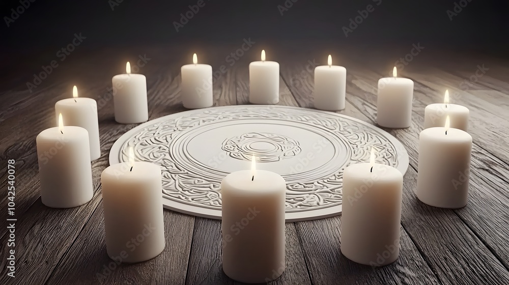 Wall mural circle of candles on wooden table.