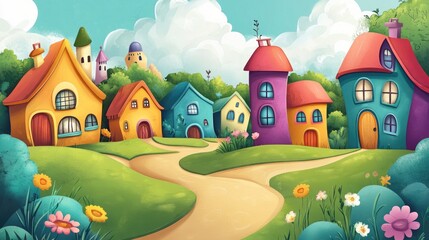 Colorful Cartoon Houses on a Winding Path in a Lush Green Landscape
