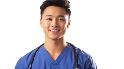 A smiling female doctor in scrubs, confidently wearing a stethoscope, embodies care and professionalism in a hospital setting