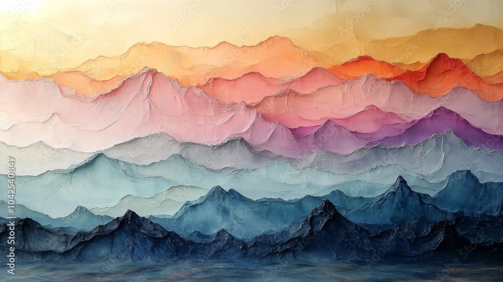 Poster a serene landscape features layers of textured mountains showcasing a gradient of colors from deep b