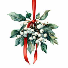 sprig of mistle toes hanging from the ceiling with red ribbon, xmas new year celebration decor clipart, watercolor illustration, isolated on a white background 