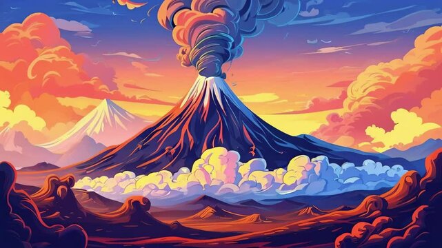 Cartoon Landscape of an active volcano with smoke clouds
