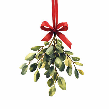 sprig of mistle toes hanging from the ceiling with red ribbon, xmas new year celebration decor clipart, watercolor illustration, isolated on a white background 