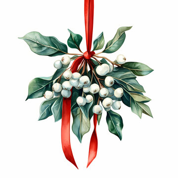 sprig of mistle toes hanging from the ceiling with red ribbon, xmas new year celebration decor clipart, watercolor illustration, isolated on a white background 