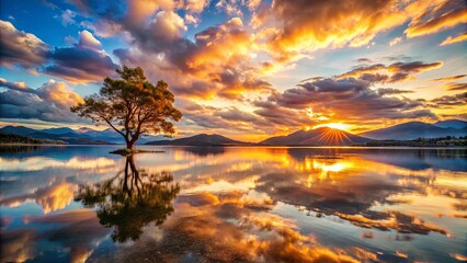Serene Sunset Reflection on a Tranquil Lake with a Solitary Tree Silhouetted Against a Sky of Vibrant Hues
