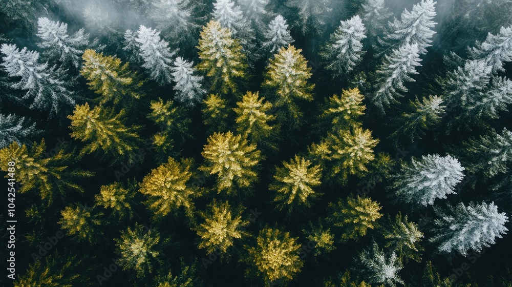 Poster an aerial view of a snowy evergreen forest with some trees covered in snow.
