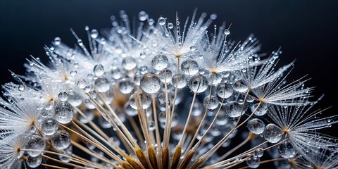 A delicate dandelion seed head, adorned with sparkling droplets of morning dew, presents a captivating study in nature's intricate details.