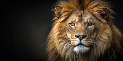 Naklejka premium A majestic lion stares directly at the camera with a powerful gaze, revealing a sense of wisdom and authority, his golden mane casting a warm glow against a dark background.
