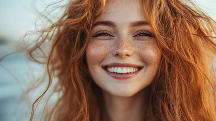 Fototapeta premium Portrait of a Smiling Redhead with Freckles and Wavy Hair