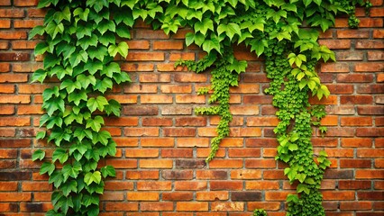 A symphony of green leaves cascading down a textured brick wall, a natural tapestry woven with vibrant life.