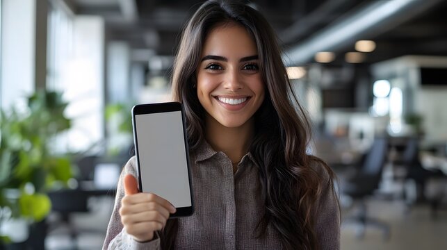 Smiling woman showing blank smartphone screen and thumb up. 