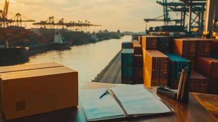 A shipping dock scene with containers, a package, and paperwork at sunset.