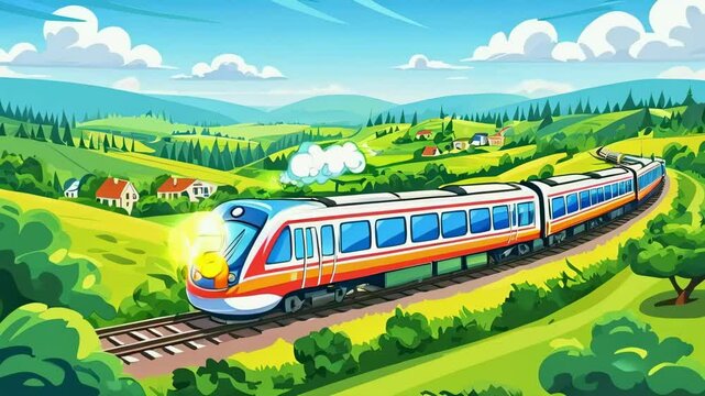 Cartoon Train passing through green countryside