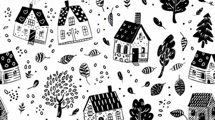 Black and White Doodle Pattern of Houses and Trees