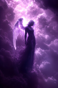 Violet angel, seventh ray of light (Archangel Zadkiel), representing the Violet Flame of Saint Germain. Divine energy, transformation, dissolving blockades. Peaceful poster, wallpaper, background.