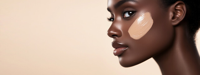 A close-up of a woman with deep skin tone, featuring a foundation swatch applied on her cheek, highlighting smooth, glowing skin.