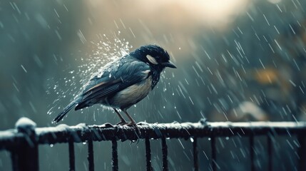 Fototapeta premium A bird perched on a wet railing, shaking off raindrops in a serene, rainy environment.