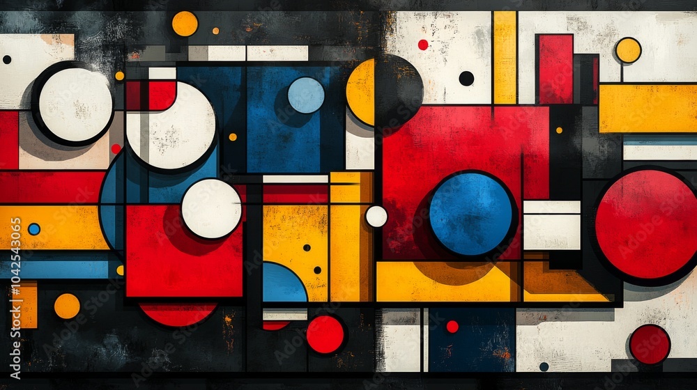 Poster A striking display of abstract geometric forms showcases a mix of red, blue, yellow, and white shapes arranged dynamically on a dark background, attracting viewers in a gallery.