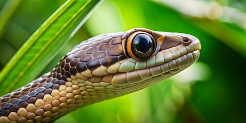 Obraz premium A close-up portrait of a snake's head, its eye gleaming with an intense gaze, framed by vibrant green foliage.