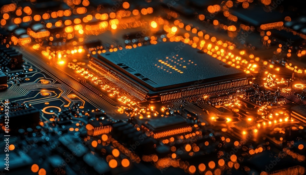 Poster Illuminated Microchip Circuit Board with Glowing Connectors