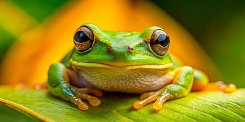 Obraz premium A Small Green Frog Perched on a Lush Leaf, Its Eyes Gazing Directly at the Viewer, Captured in a Moment of Quiet Observation